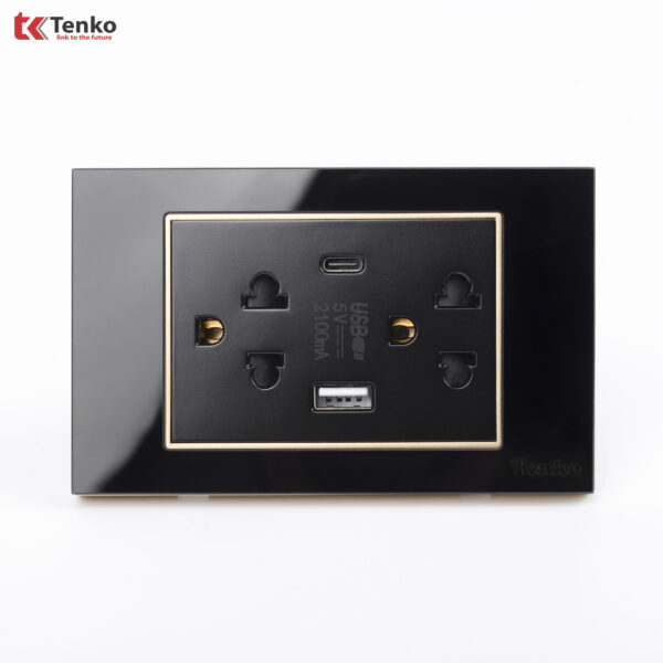 Ổ Cắm Đôi 3 Chấu + USB + Type C Âm tường Mặt Kính Cường Lực Đen Viền Vàng TENKO TK-C18B-045