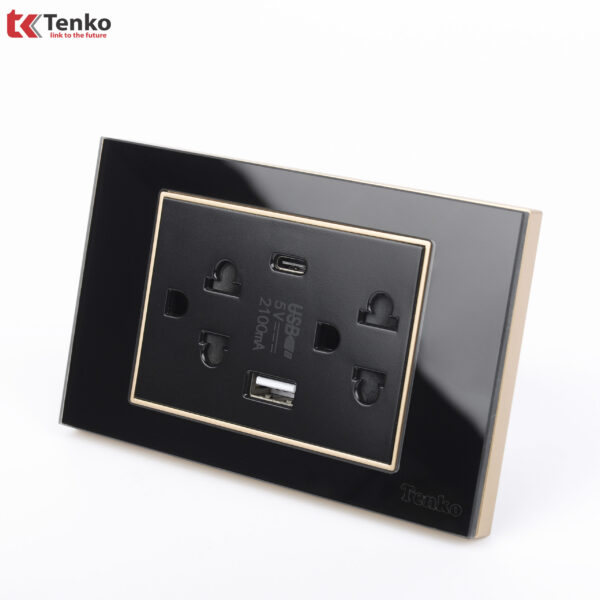 Ổ Cắm Đôi 3 Chấu + USB + Type C Âm tường Mặt Kính Cường Lực Đen Viền Vàng TENKO TK-C18B-045