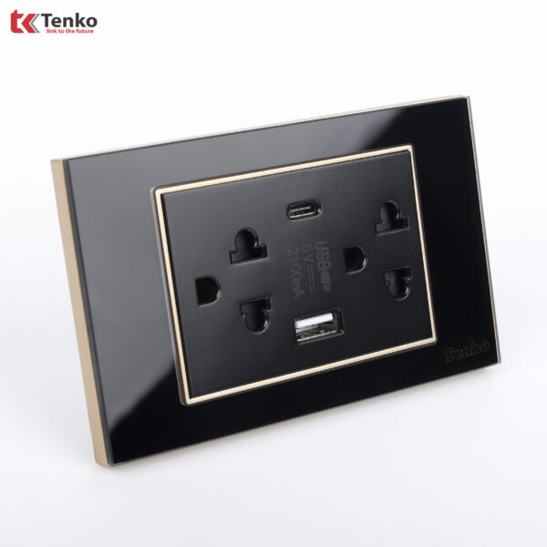 Ổ Cắm Đôi 3 Chấu + USB + Type C Âm tường Mặt Kính Cường Lực Đen Viền Vàng TENKO TK-C18B-045