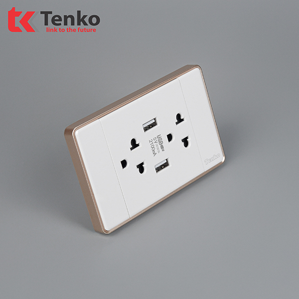 Ổ Cắm Đôi 3 Chấu + 2 Ổ Cắm USB Âm Tường Tràn Viền TENKO TK-C1-045 Trắng Viền Vàng