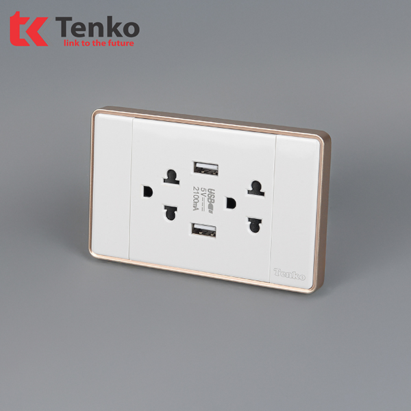 Ổ Cắm Đôi 3 Chấu + 2 Ổ Cắm USB Âm Tường Tràn Viền TENKO TK-C1-045 Trắng Viền Vàng