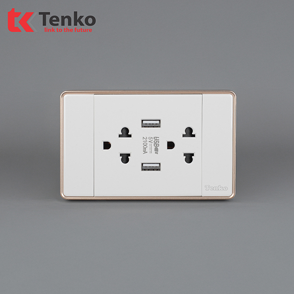 Ổ Cắm Đôi 3 Chấu + 2 Ổ Cắm USB Âm Tường Tràn Viền TENKO TK-C1-045 Trắng Viền Vàng