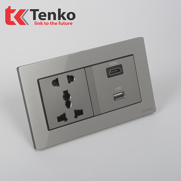 Ổ Cắm Đôi 3 Chấu + HDMI + USB Mặt Hợp Kim Âm Tường Chính Hãng Tenko TK-KL2-01