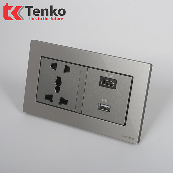 Ổ Cắm Đôi 3 Chấu + HDMI + USB Mặt Hợp Kim Âm Tường Chính Hãng Tenko TK-KL2-01