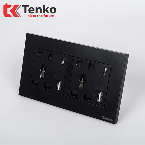 Ổ Cắm Đôi 3 Chấu Tích Hợp Ổ Cắm USB + Type C Âm Tường Mặt Nhựa Chính Hãng Tenko TK-N2L-08