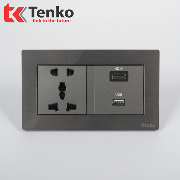 Ổ Cắm Đôi 3 Chấu + HDMI + USB Mặt Hợp Kim Âm Tường Chính Hãng Tenko TK-KL2-01