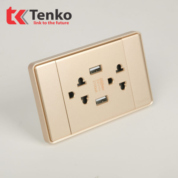 Ổ Cắm Đôi 3 Chấu + 2 Ổ Cắm USB Âm Tường Tràn Viền TENKO TK-C1-045 Vàng Viền Vàng