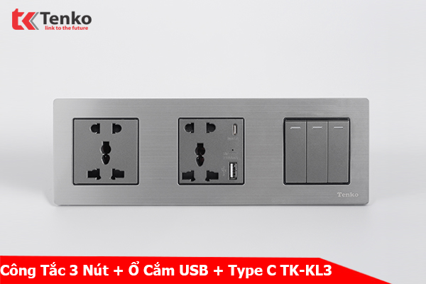 Công Tắc 3 Nút + Ổ Cắm USB Và Type C Mặt Hợp Kim Chính Hãng Tenko TK-KL3-02