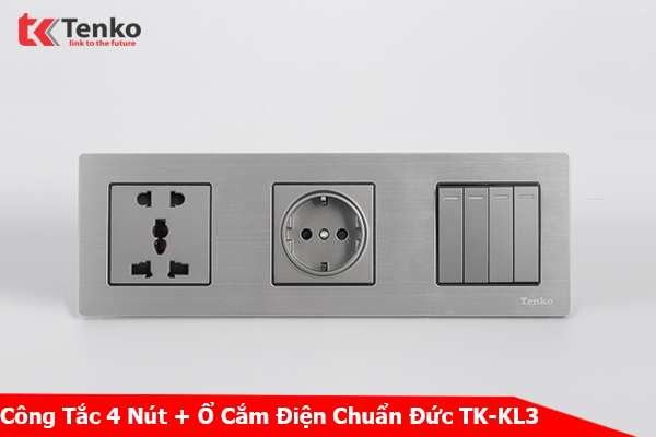 Công Tắc 4 Nút + Ổ Cắm Điện Chuẩn Đức Mặt Hợp Kim Chính Hãng Tenko TK-KL3-04