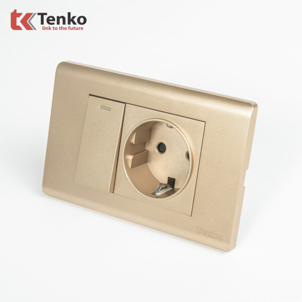 Ổ Cắm Chuẩn Đức Schuko Kết Hợp Công Tắc – Mặt Nhựa PC Vàng Tenko TK-C25-063