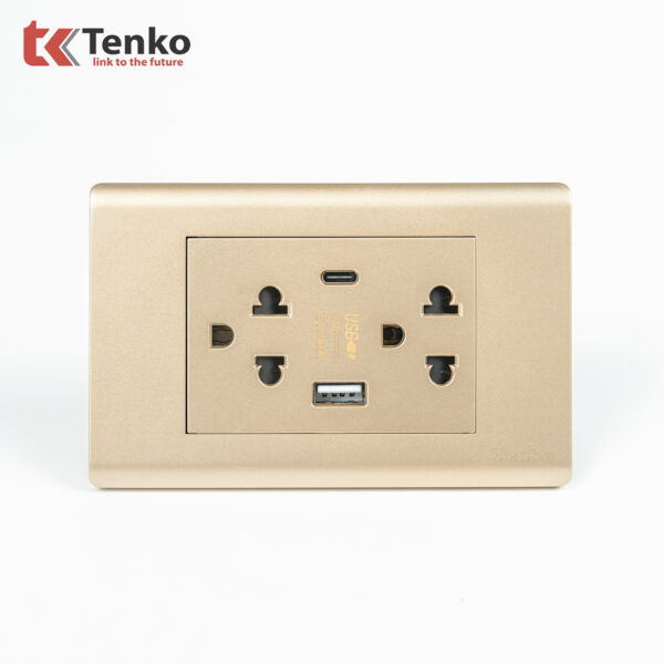Ổ Cắm Đôi 3 Chấu Và USB Và Type C Âm tường Cao Cấp TENKO TK-C25-045 – Mặt Nhựa PC Vàng
