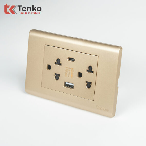 Ổ Cắm Đôi 3 Chấu Và USB Và Type C Âm tường Cao Cấp TENKO TK-C25-045 – Mặt Nhựa PC Vàng