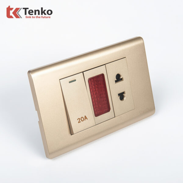 Ổ Cắm Và Công Tắc Điện 20A Công Suất Cao Cho Nóng lạnh Và Điều Hòa Cao Cấp TENKO TK-C25-080 – Mặt Nhựa PC Vàng