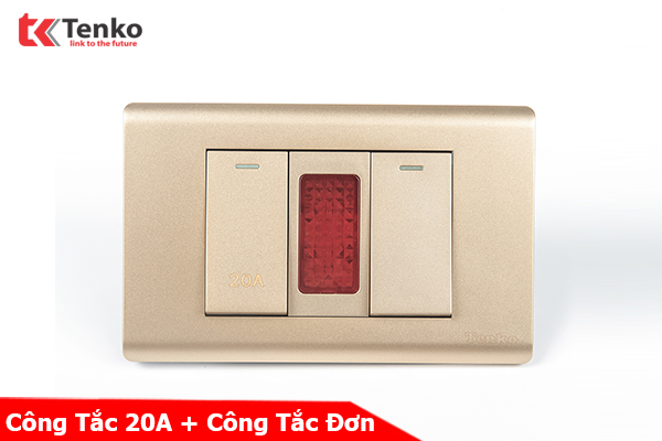 Công Tắc Đơn Kèm Công Tắc 20A Chống Cháy Cao Cấp TENKO TK-C25-081 – Mặt Nhựa PC Vàng