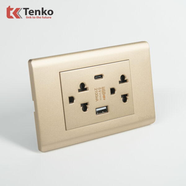 Ổ Cắm Đôi 3 Chấu Và USB Và Type C Âm tường Cao Cấp TENKO TK-C25-045 – Mặt Nhựa PC Vàng