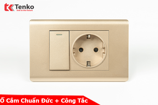 Ổ Cắm Chuẩn Đức Schuko Kết Hợp Công Tắc – Mặt Nhựa PC Vàng Tenko TK-C25-063