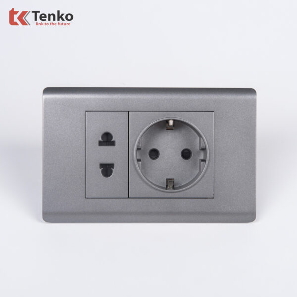 Ổ Điện Đôi 2 Chấu Chuẩn Đức Chống Cháy Cao Cấp TENKO TK-C25-059 – Mặt Nhựa PC Xám