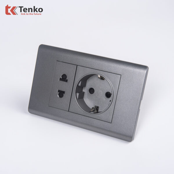 Ổ Điện Đôi 2 Chấu Chuẩn Đức Chống Cháy Cao Cấp TENKO TK-C25-059 – Mặt Nhựa PC Xám