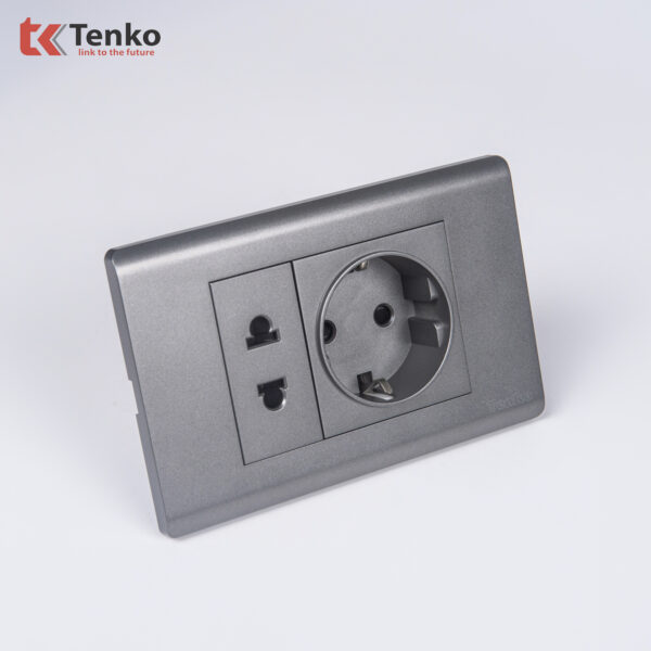Ổ Điện Đôi 2 Chấu Chuẩn Đức Chống Cháy Cao Cấp TENKO TK-C25-059 – Mặt Nhựa PC Xám