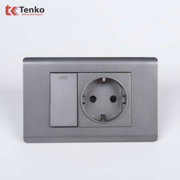 Ổ Cắm Chuẩn Đức Schuko Kết Hợp Công Tắc – Mặt Nhựa PC Xám Tenko TK-C25-063