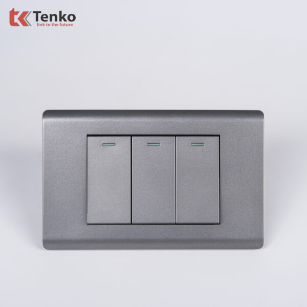 Công Tắc 3 Nút Chống Cháy Cao Cấp TENKO TK-C25-03 – Mặt Nhựa PC Xám
