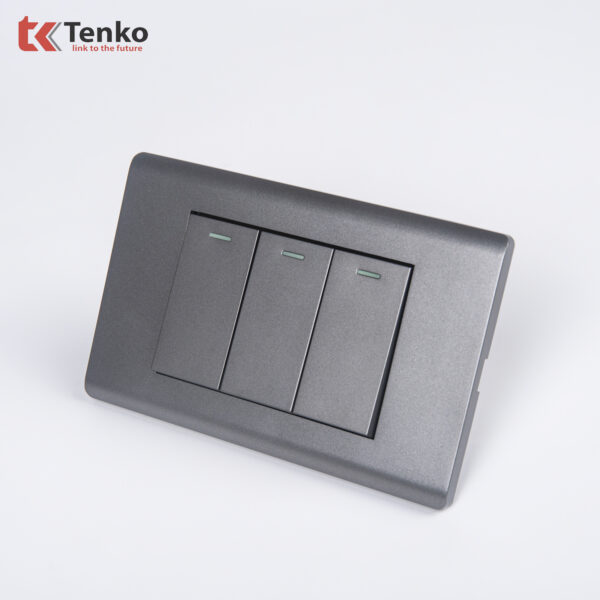 Công Tắc 3 Nút Chống Cháy Cao Cấp TENKO TK-C25-03 – Mặt Nhựa PC Xám