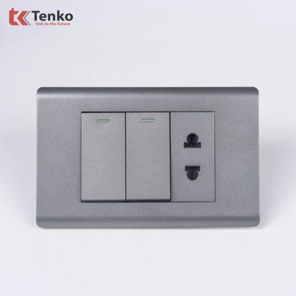 Công Tắc 2 Nút Và Ổ Cắm Đôi Âm Tường TENKO TK-C25-027 Mặt Nhựa PC Xám