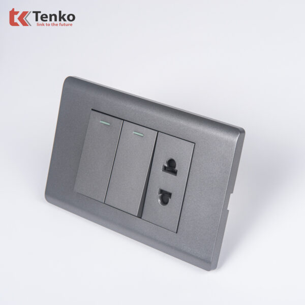 Công Tắc 2 Nút Và Ổ Cắm Đôi Âm Tường TENKO TK-C25-027 Mặt Nhựa PC Xám