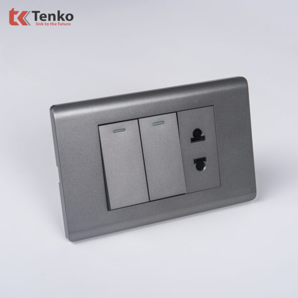 Công Tắc 2 Nút Và Ổ Cắm Đôi Âm Tường TENKO TK-C25-027 Mặt Nhựa PC Xám