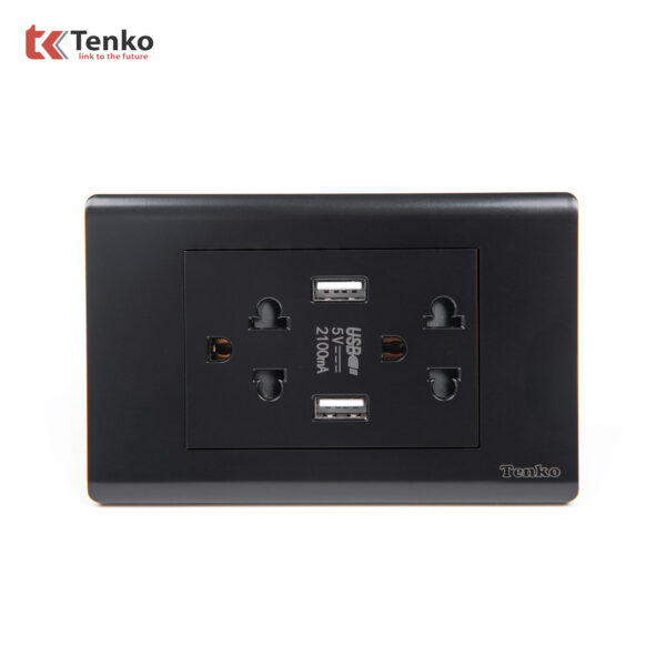 Ổ Cắm Đôi 3 Chấu Và USB Âm tường Cao Cấp TENKO TK-C25-045 – Mặt Nhựa PC Đen