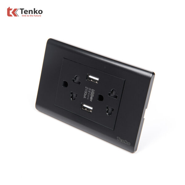 Ổ Cắm Đôi 3 Chấu Và USB Âm tường Cao Cấp TENKO TK-C25-045 – Mặt Nhựa PC Đen