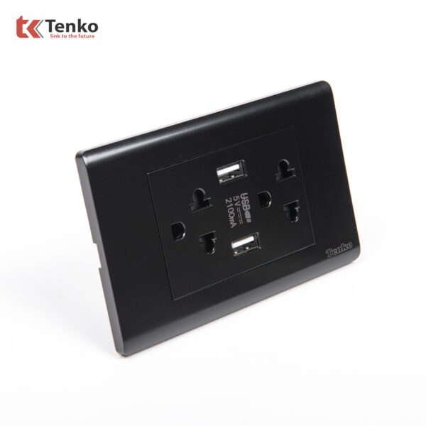 Ổ Cắm Đôi 3 Chấu Và USB Âm tường Cao Cấp TENKO TK-C25-045 – Mặt Nhựa PC Đen