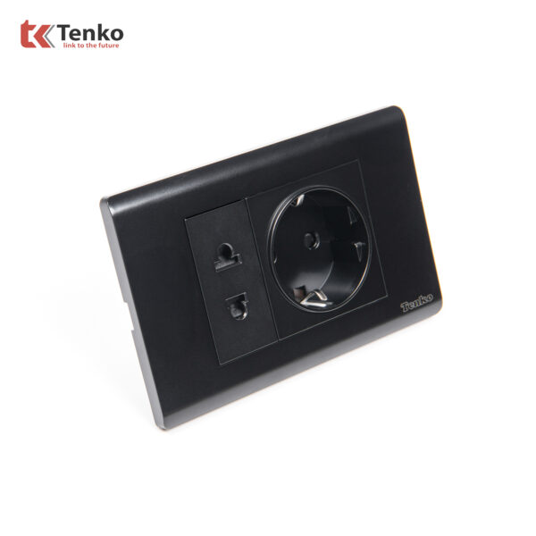 Ổ Điện Đôi 2 Chấu Chuẩn Đức Chống Cháy Cao Cấp TENKO TK-C25-059 – Mặt Nhựa PC Đen