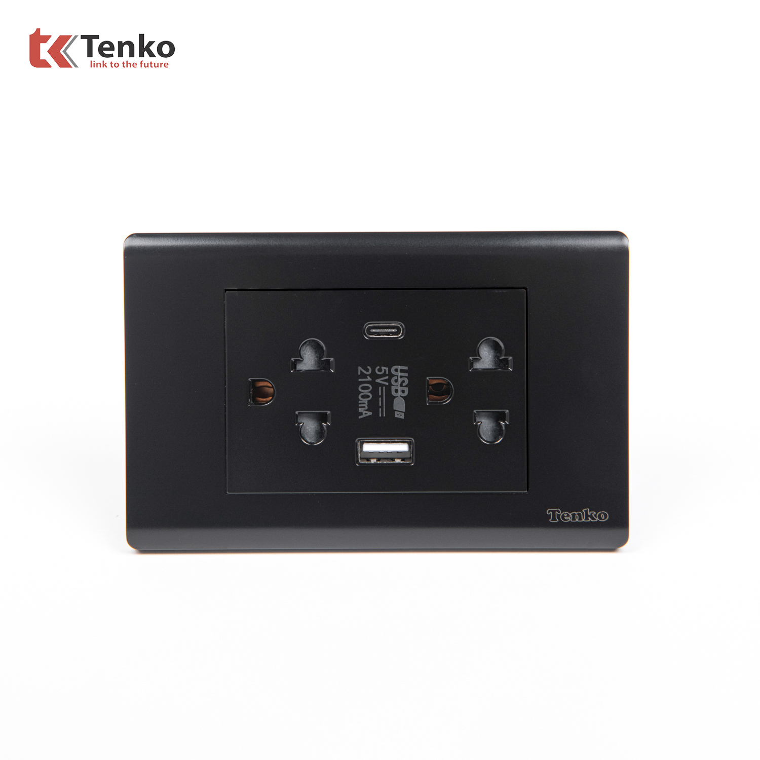 Ổ Cắm Đôi 3 Chấu Và USB Và Type C Âm tường Cao Cấp TENKO TK-C25-045 – Mặt Nhựa PC Đen