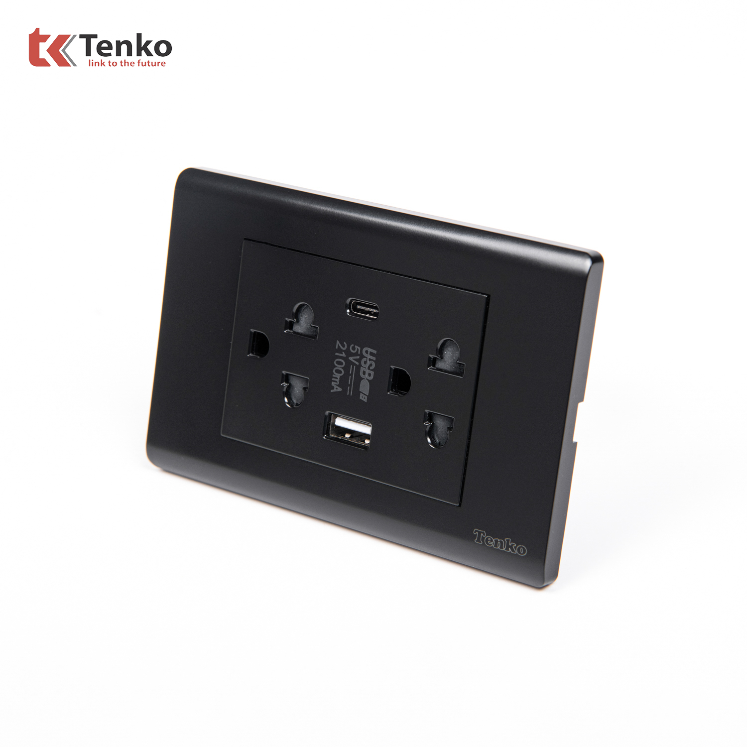Ổ Cắm Đôi 3 Chấu Và USB Và Type C Âm tường Cao Cấp TENKO TK-C25-045 – Mặt Nhựa PC Đen