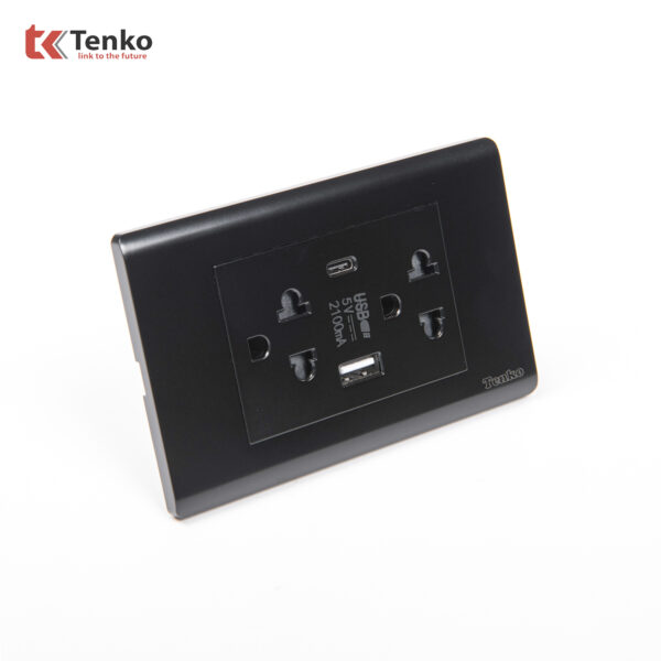Ổ Cắm Đôi 3 Chấu Và USB Và Type C Âm tường Cao Cấp TENKO TK-C25-045 – Mặt Nhựa PC Đen