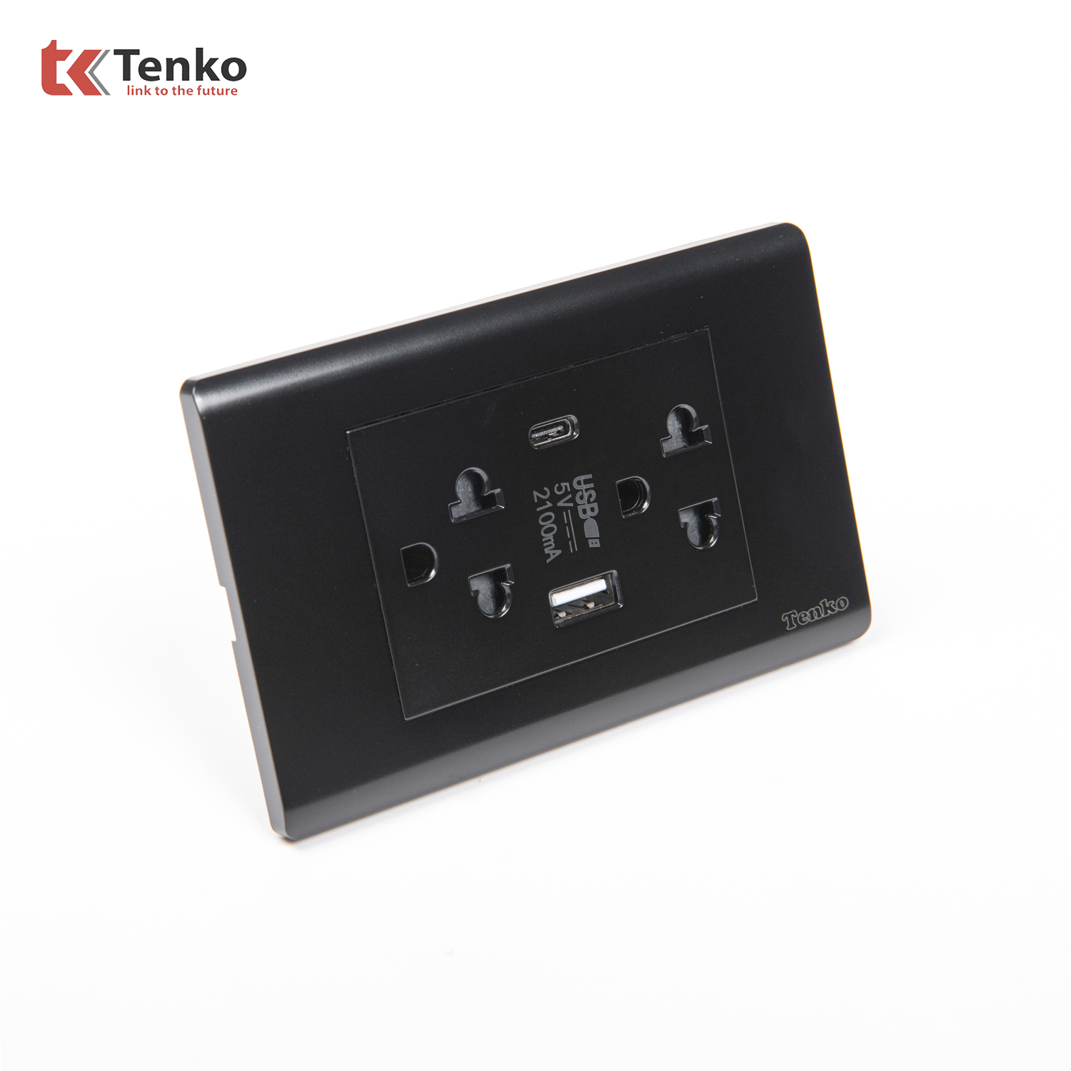 Ổ Cắm Đôi 3 Chấu Và USB Và Type C Âm tường Cao Cấp TENKO TK-C25-045 – Mặt Nhựa PC Đen