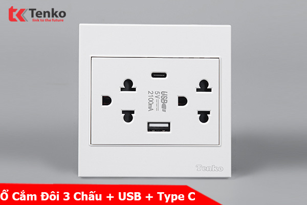 Ổ Cắm Đôi 3 Chấu + USB + Type C Nhựa ABS Tenko TK-V1-045 – Giải Pháp Điều Khiển Điện Hiện Đại, Bền Bỉ