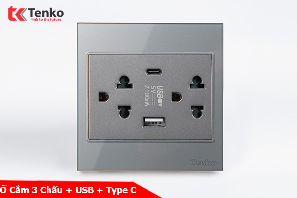 Ổ Cắm Đôi 3 Chấu + USB + Type C Kính Cường Lực Tenko TK-V18-045 – Giải Pháp Điều Khiển Điện Hiện Đại, Bền Bỉ