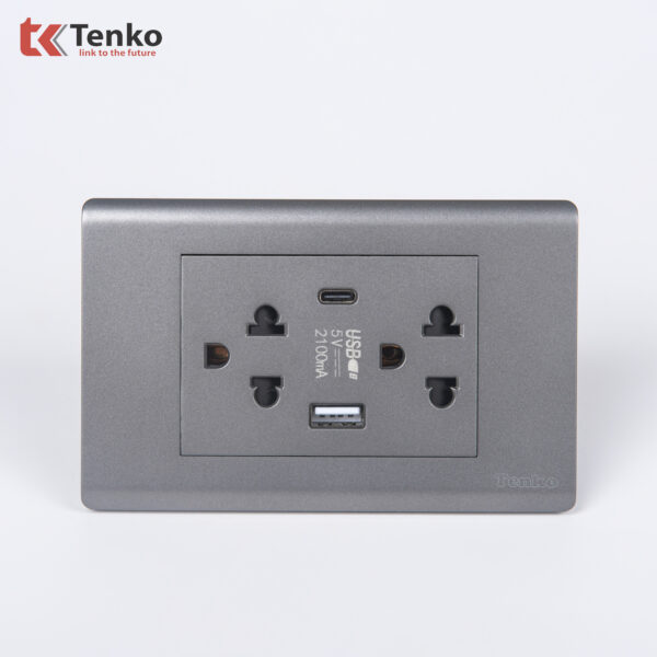 Ổ Cắm Đôi 3 Chấu Và USB Và Type C Âm tường Cao Cấp TENKO TK-C25-045 – Mặt Nhựa PC Xám
