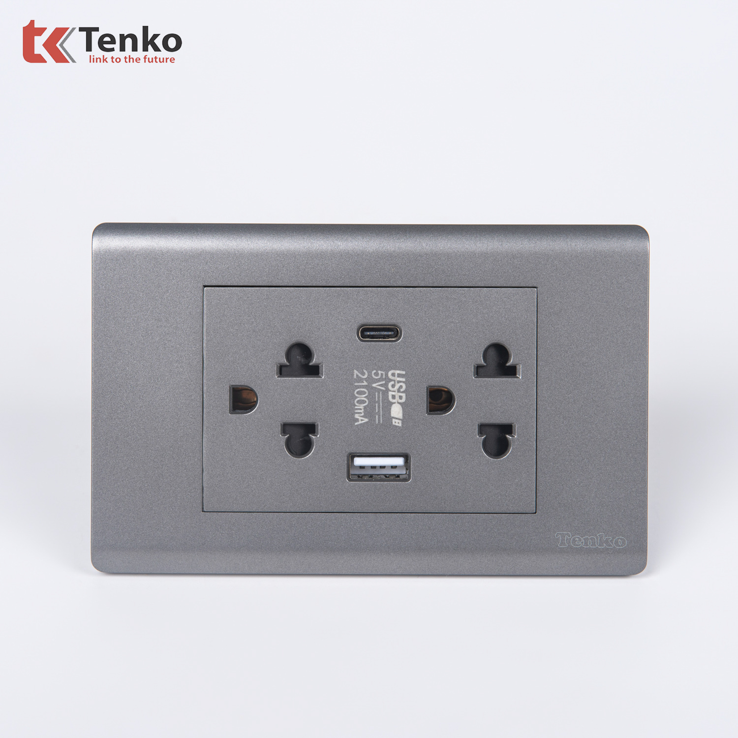 Ổ Cắm Đôi 3 Chấu Và USB Và Type C Âm tường Cao Cấp TENKO TK-C25-045 – Mặt Nhựa PC Xám