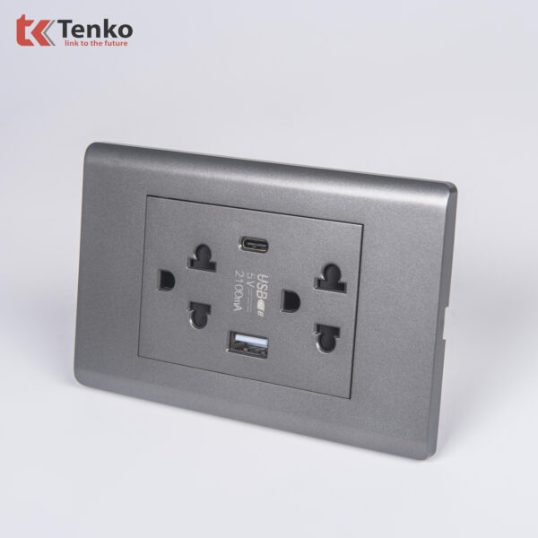 Ổ Cắm Đôi 3 Chấu Và USB Và Type C Âm tường Cao Cấp TENKO TK-C25-045 – Mặt Nhựa PC Xám