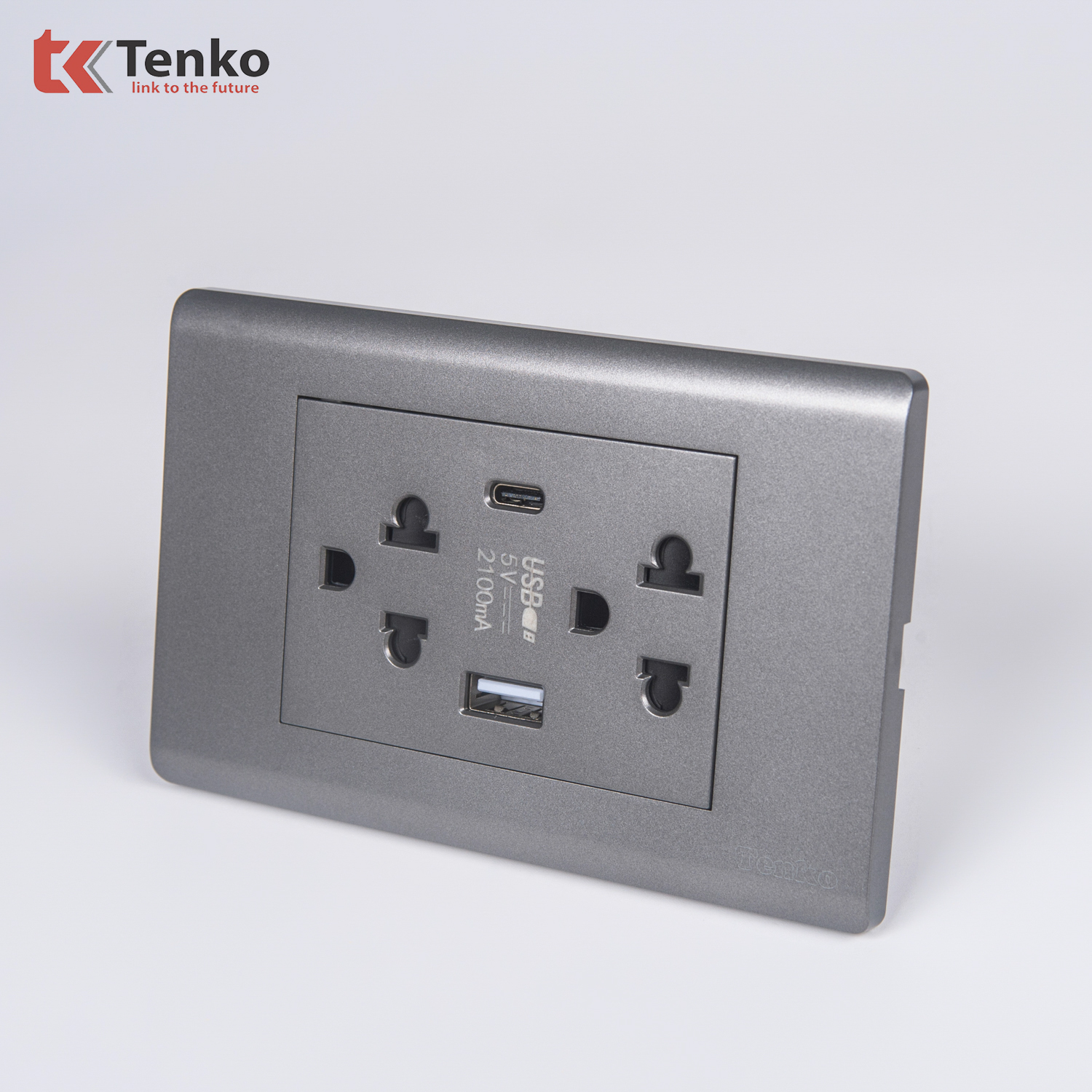 Ổ Cắm Đôi 3 Chấu Và USB Và Type C Âm tường Cao Cấp TENKO TK-C25-045 – Mặt Nhựa PC Xám