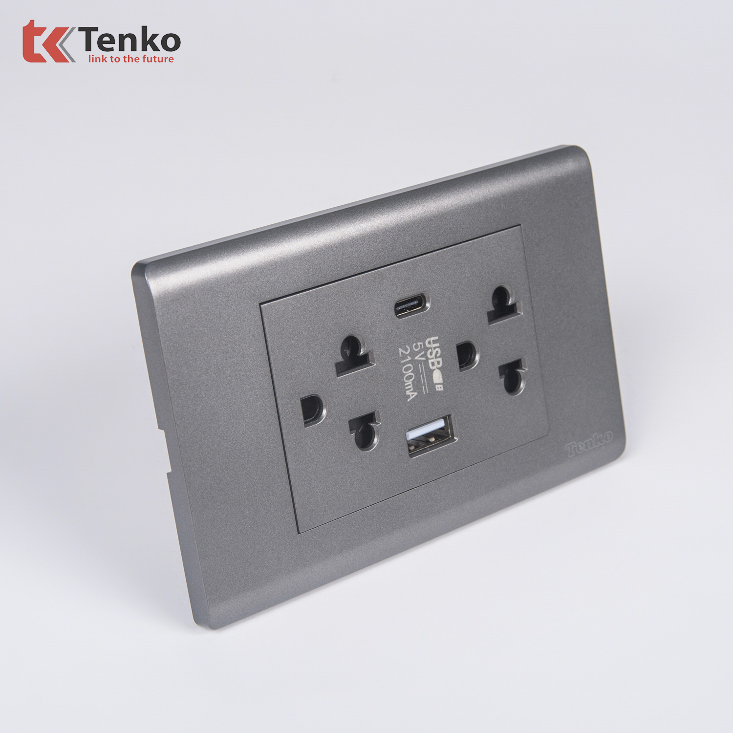 Ổ Cắm Đôi 3 Chấu Và USB Và Type C Âm tường Cao Cấp TENKO TK-C25-045 – Mặt Nhựa PC Xám