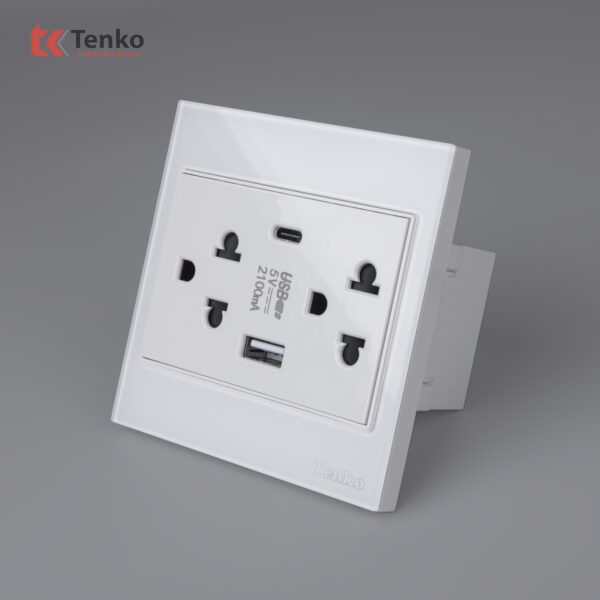 Ổ Cắm Đôi 3 Chấu + USB + Type C Kính Cường Lực Tenko TK-V18-045 – Giải Pháp Điều Khiển Điện Hiện Đại, Bền Bỉ