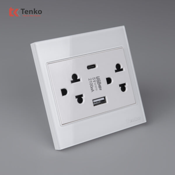 Ổ Cắm Đôi 3 Chấu + USB + Type C Kính Cường Lực Tenko TK-V18-045 – Giải Pháp Điều Khiển Điện Hiện Đại, Bền Bỉ
