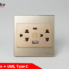 Ổ Cắm Đôi 3 Chấu + USB, Type C Mặt Kính Cường Lực Tenko TK-V18-045 Màu Vàng – Giải Pháp Điều Khiển Điện Hiện Đại, Bền Bỉ