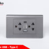 Ổ Cắm Đôi 3 Chấu Và USB Và Type C Âm tường Cao Cấp TENKO TK-C25-045 – Mặt Nhựa PC Xám